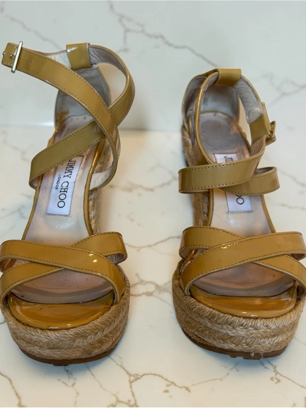 JIMMY CHOO Patent Leather Espadrille Wedge Sandals in Beige and raffia heel